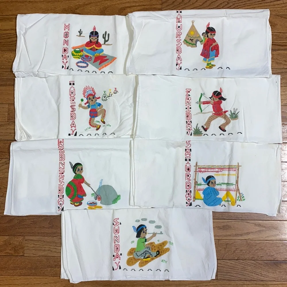 Vintage Native American Hand Painted Dish Towel Set of 7 50s 60s Mid Century